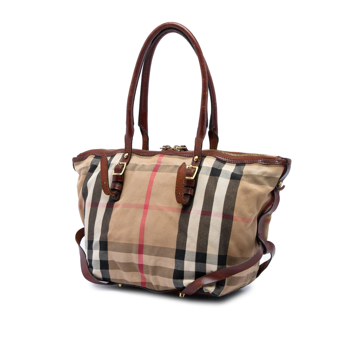 Burberry Small House Check Canvas Bridle Salisbury Tote — Brown