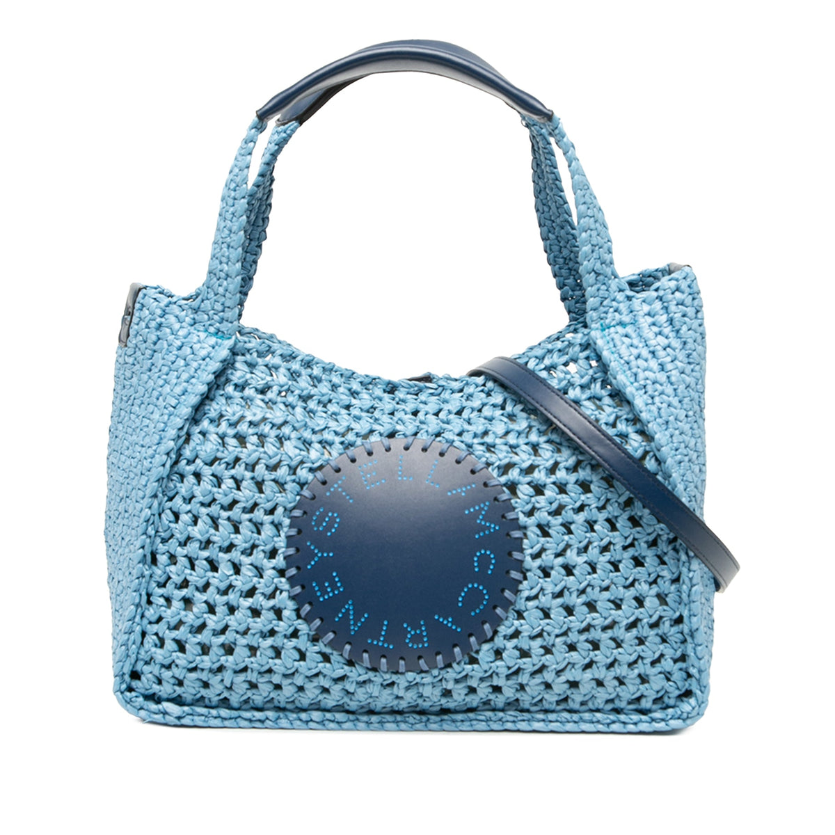 Stella McCartney Embroidered Leather Logo Straw Convertible Tote — Blue