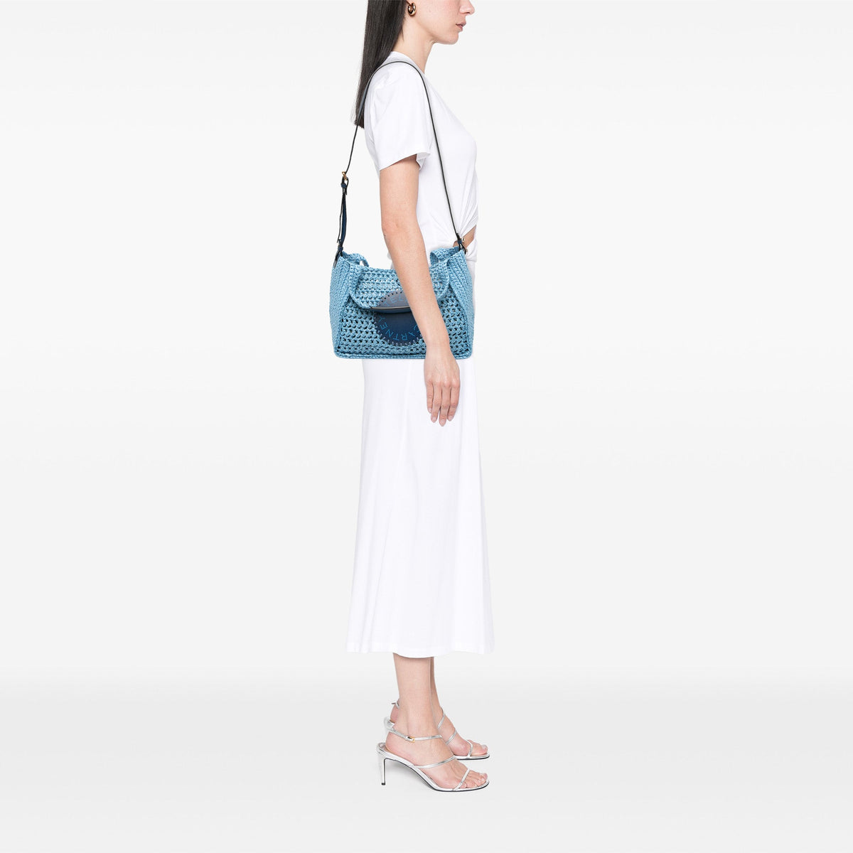 Stella McCartney Embroidered Leather Logo Straw Convertible Tote — Blue