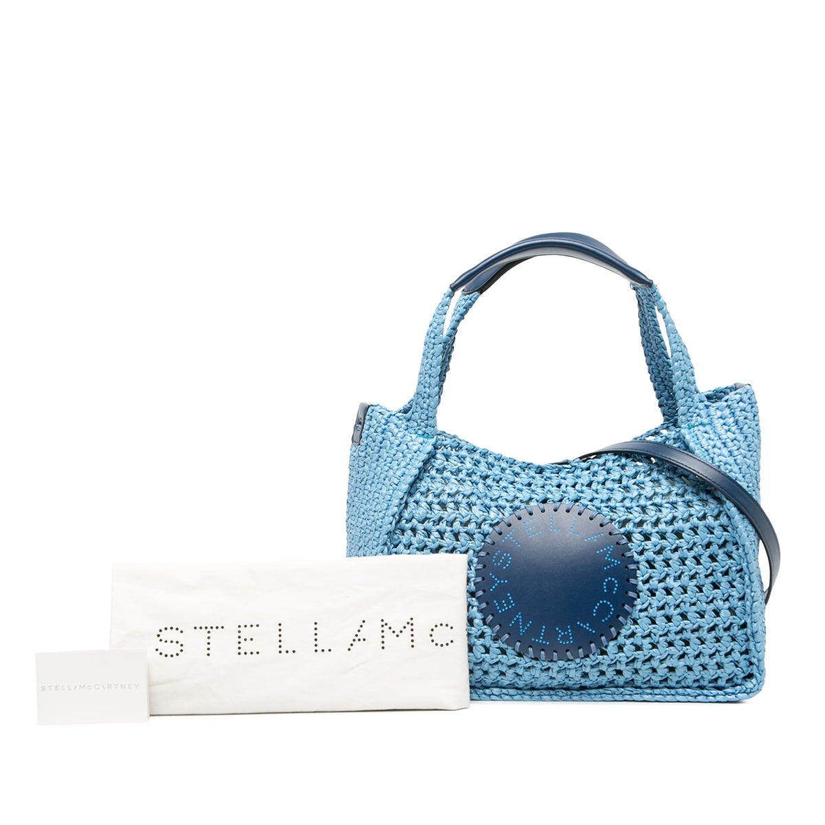 Stella McCartney Embroidered Leather Logo Straw Convertible Tote — Blue