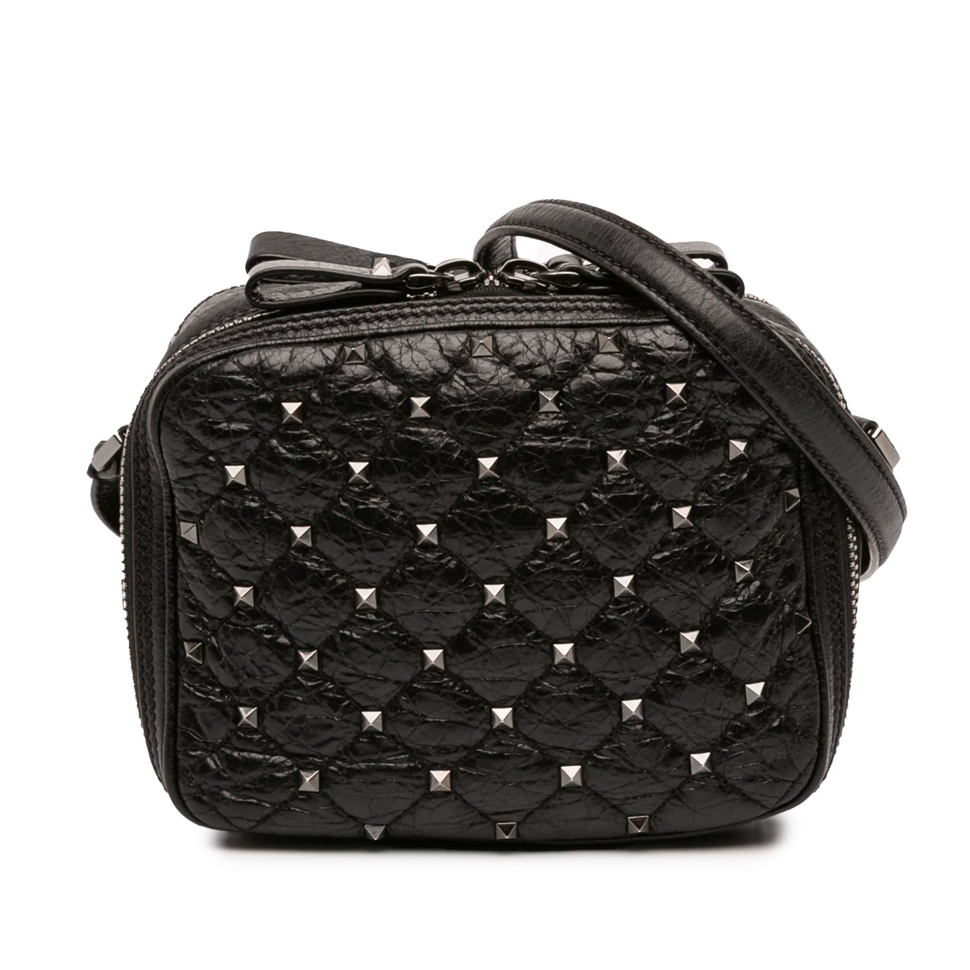 Valentino Quilted Crinkled Leather Rockstud Double Zip Camera Bag