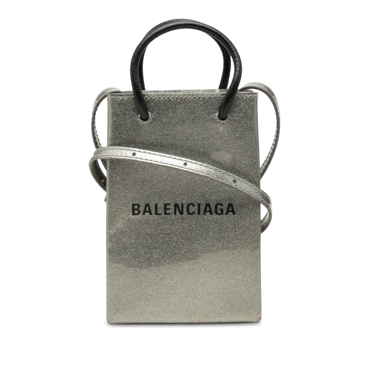 Balenciaga Mini Patent Logo Shopping Phone Holder — Silver