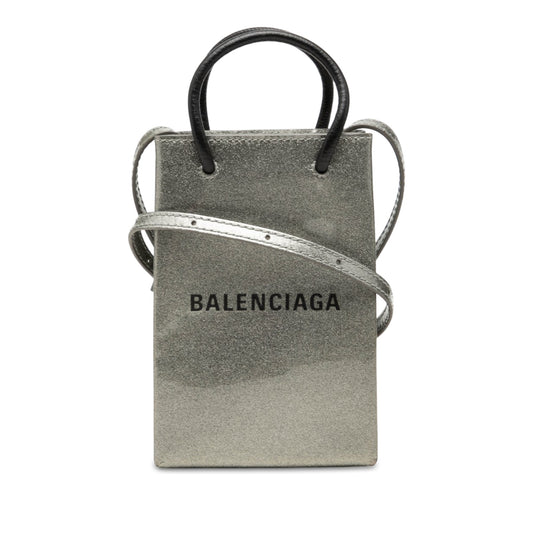 Balenciaga Mini Patent Logo Shopping Phone Holder — Silver