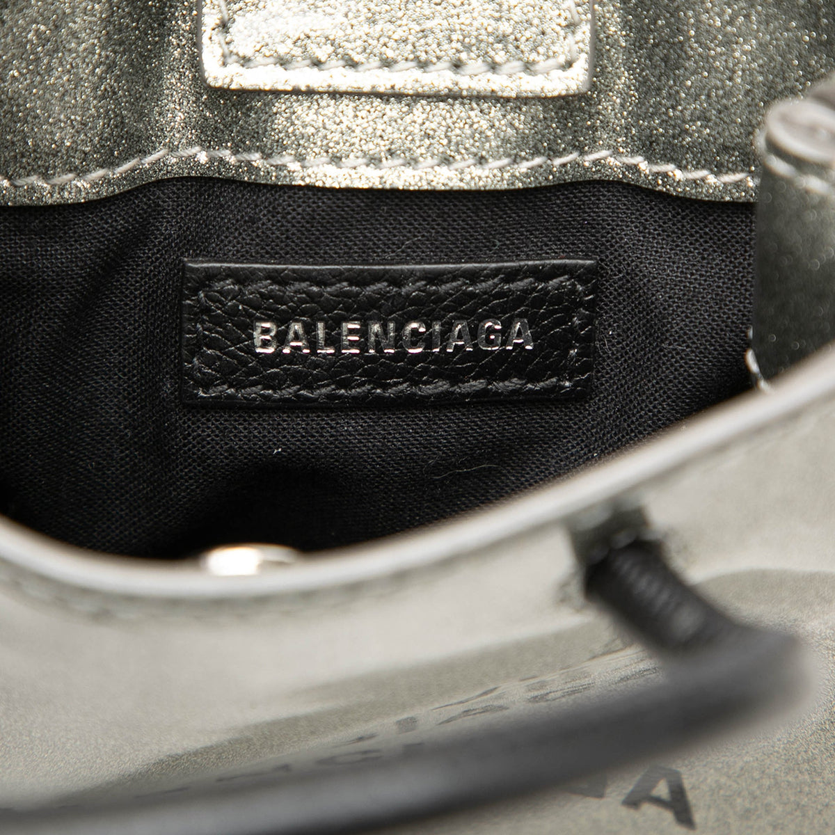 Balenciaga Mini Patent Logo Shopping Phone Holder — Silver