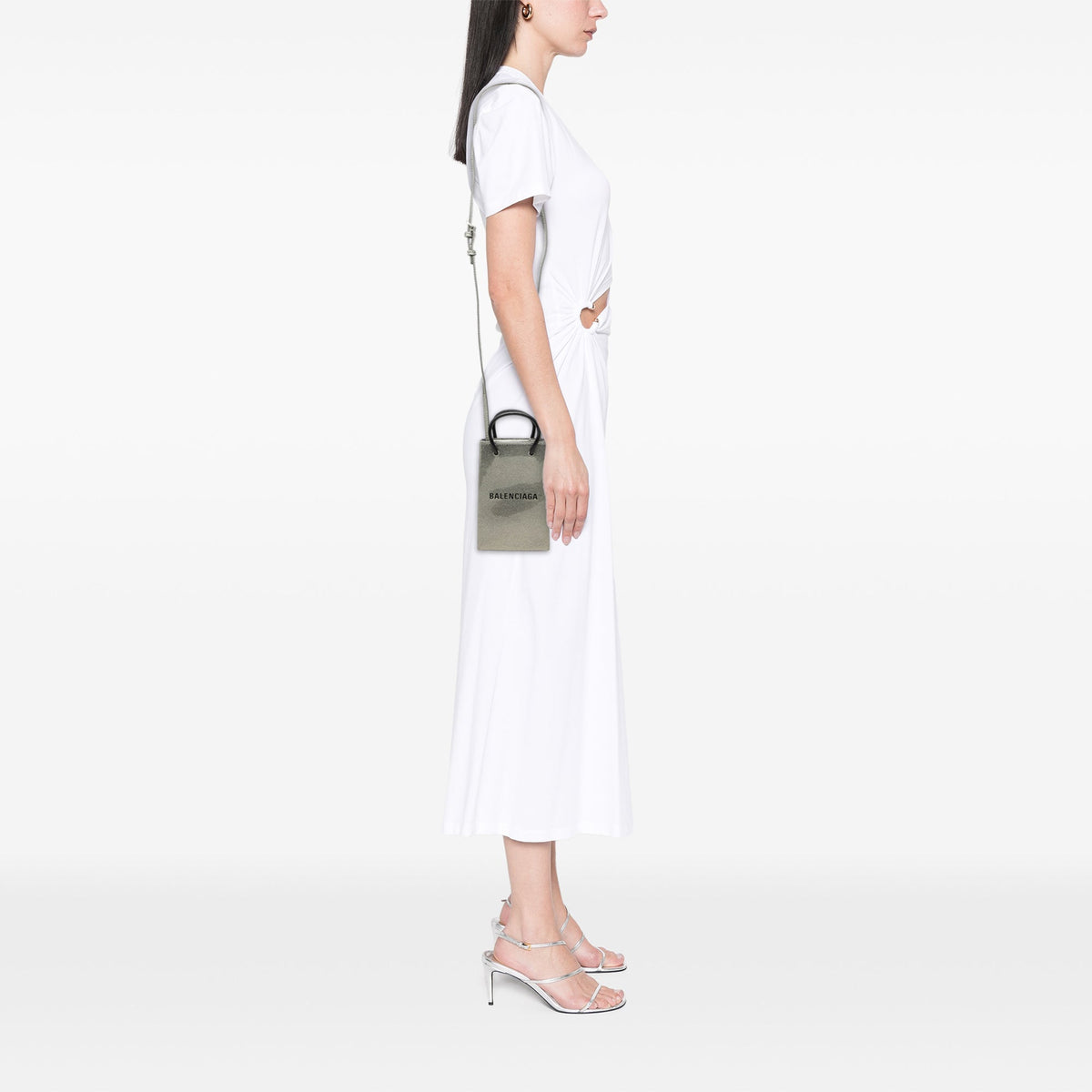 Balenciaga Mini Patent Logo Shopping Phone Holder — Silver