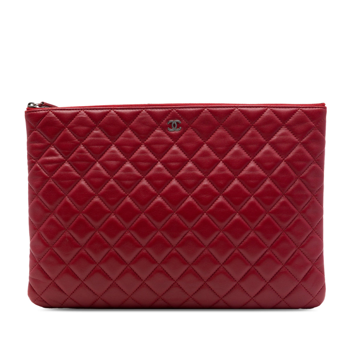 Chanel Large Quilted Lambskin O Case Clutch — Red