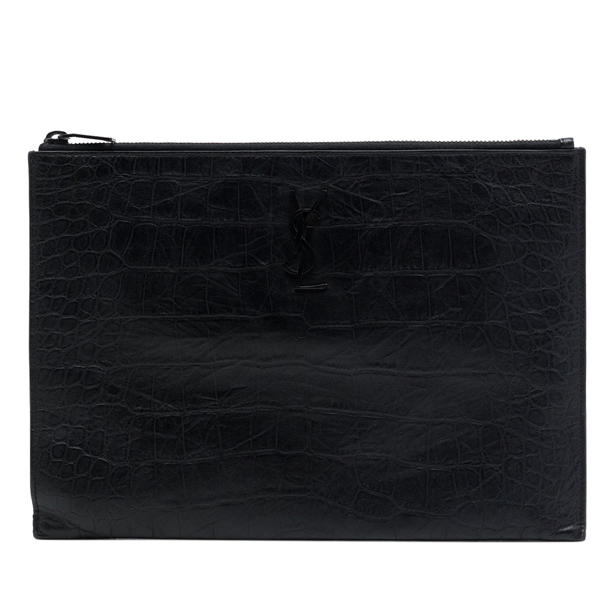 Saint Laurent Croc Embossed Leather Monogram iPad Case — Black