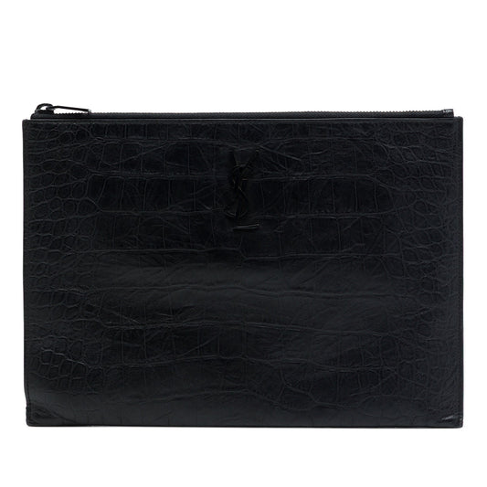 Saint Laurent Croc Embossed Leather Monogram iPad Case — Black