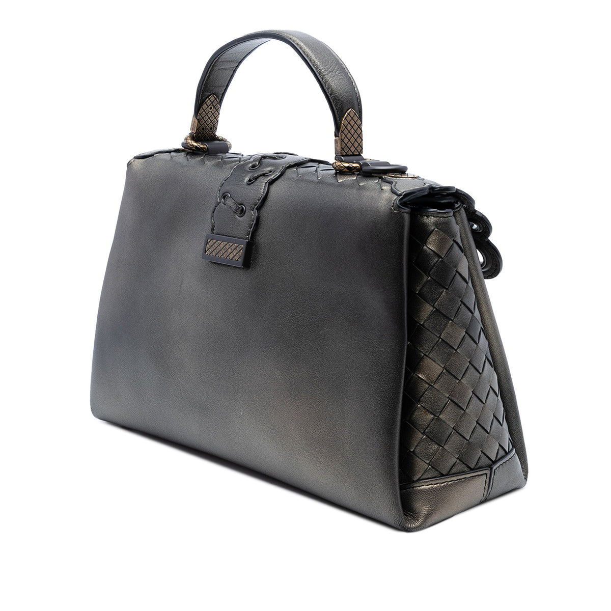 Bottega Veneta Small Intrecciato Trimmed Metallic Nappa Grommet Piazza Satchel
