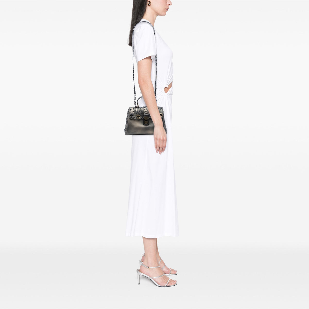 Bottega Veneta Small Intrecciato Trimmed Metallic Nappa Grommet Piazza Satchel