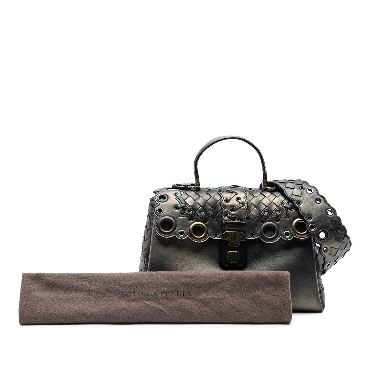 Bottega Veneta Small Intrecciato Trimmed Metallic Nappa Grommet Piazza Satchel