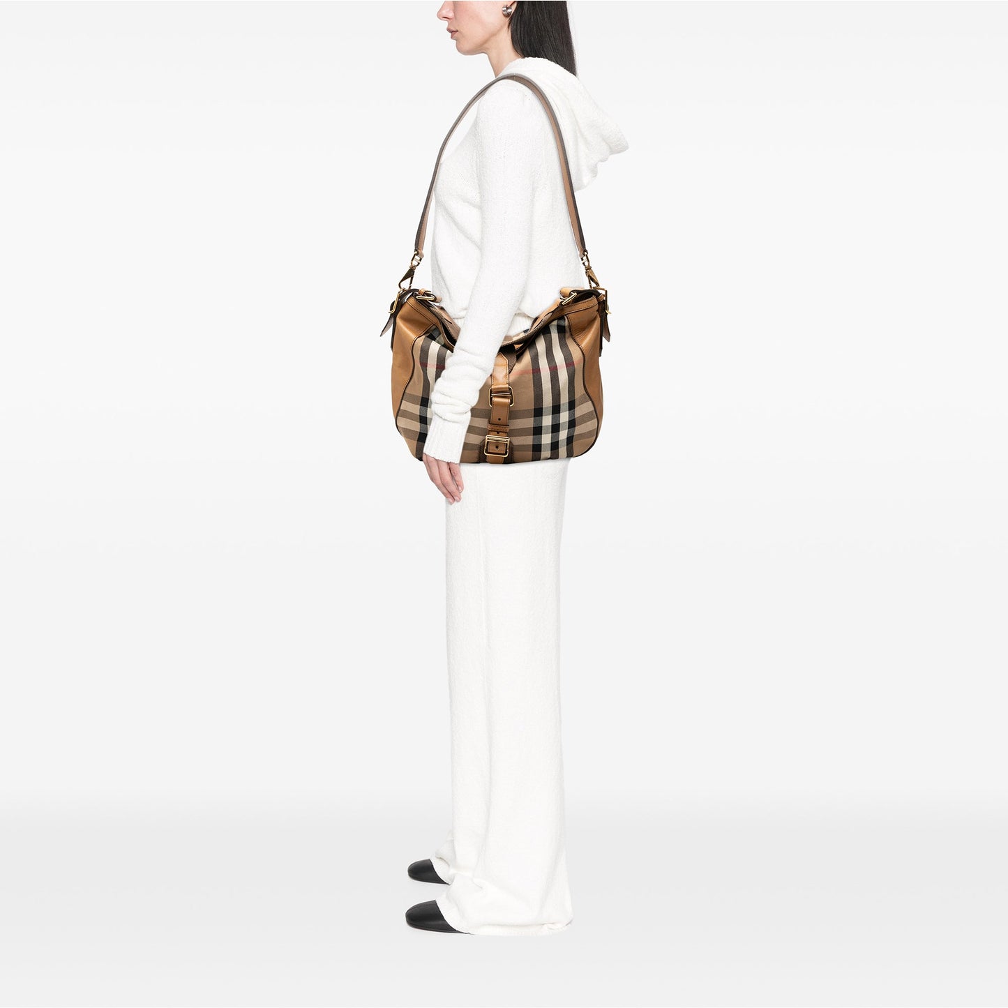 Burberry Medium House Check Canvas Ashwood Hobo