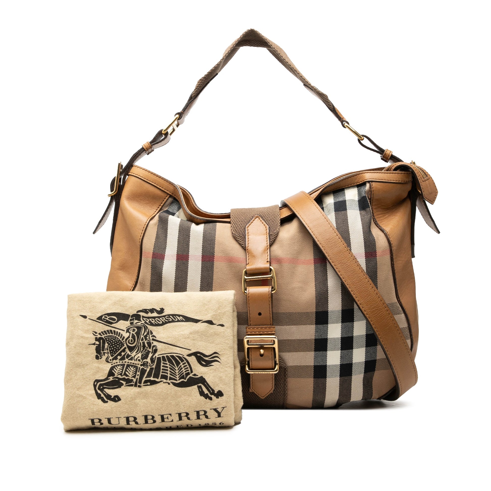 Burberry Medium House Check Canvas Ashwood Hobo
