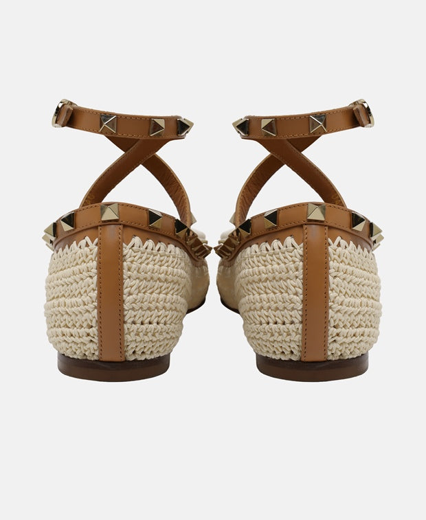 Valentino Garavani Rockstud Ballerina flat with straps Ecru