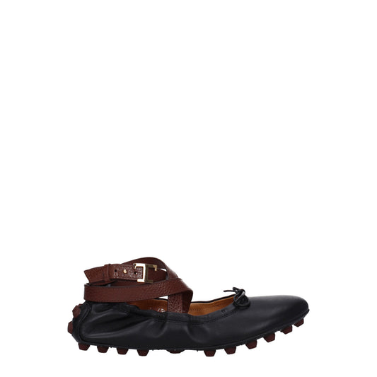 Tod's Ballet Flats Women Leather Black/Mahogany