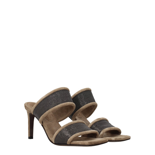 Brunello Cucinelli Women's Sandals in Suede Beige/Silver